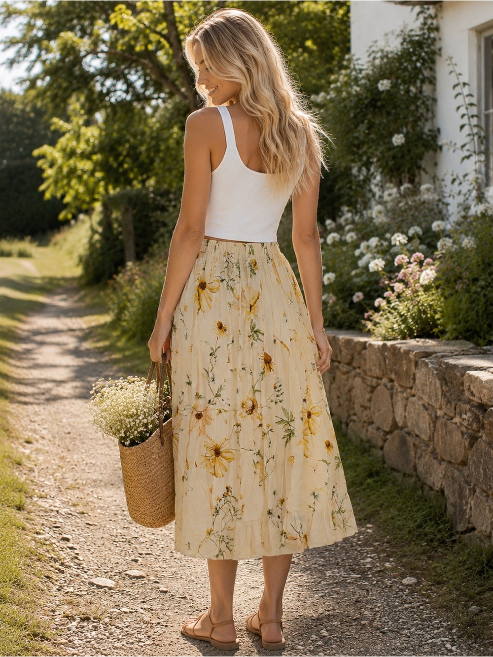 H&M Floral Midi Skirt Cream Yellow Wildflower Print Cotton Lined 25468 - Picture 2 of 10